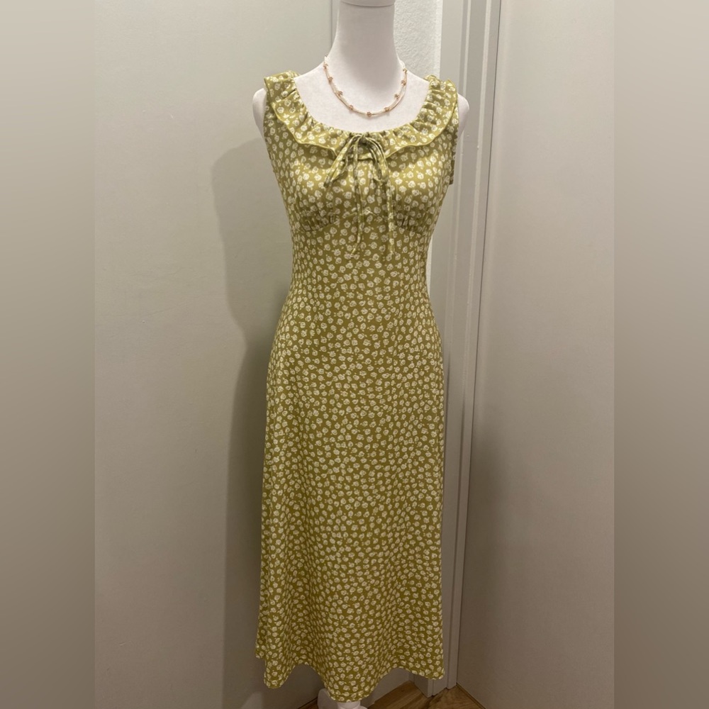 Grace Karin Lime Green & White Floral Print Fitted Midi Dress - S